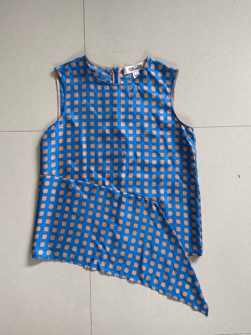 Diane Von Furstenberg Blue & Peach Square-Print Asymmetric 100% Silk Camisole